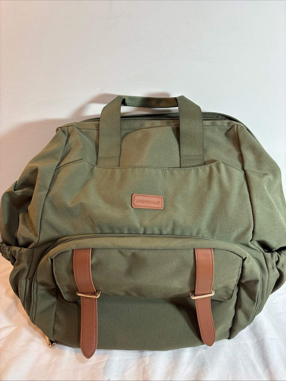 Mommore Brand Olive Green Canvas Travel Backpack with Brown Trim